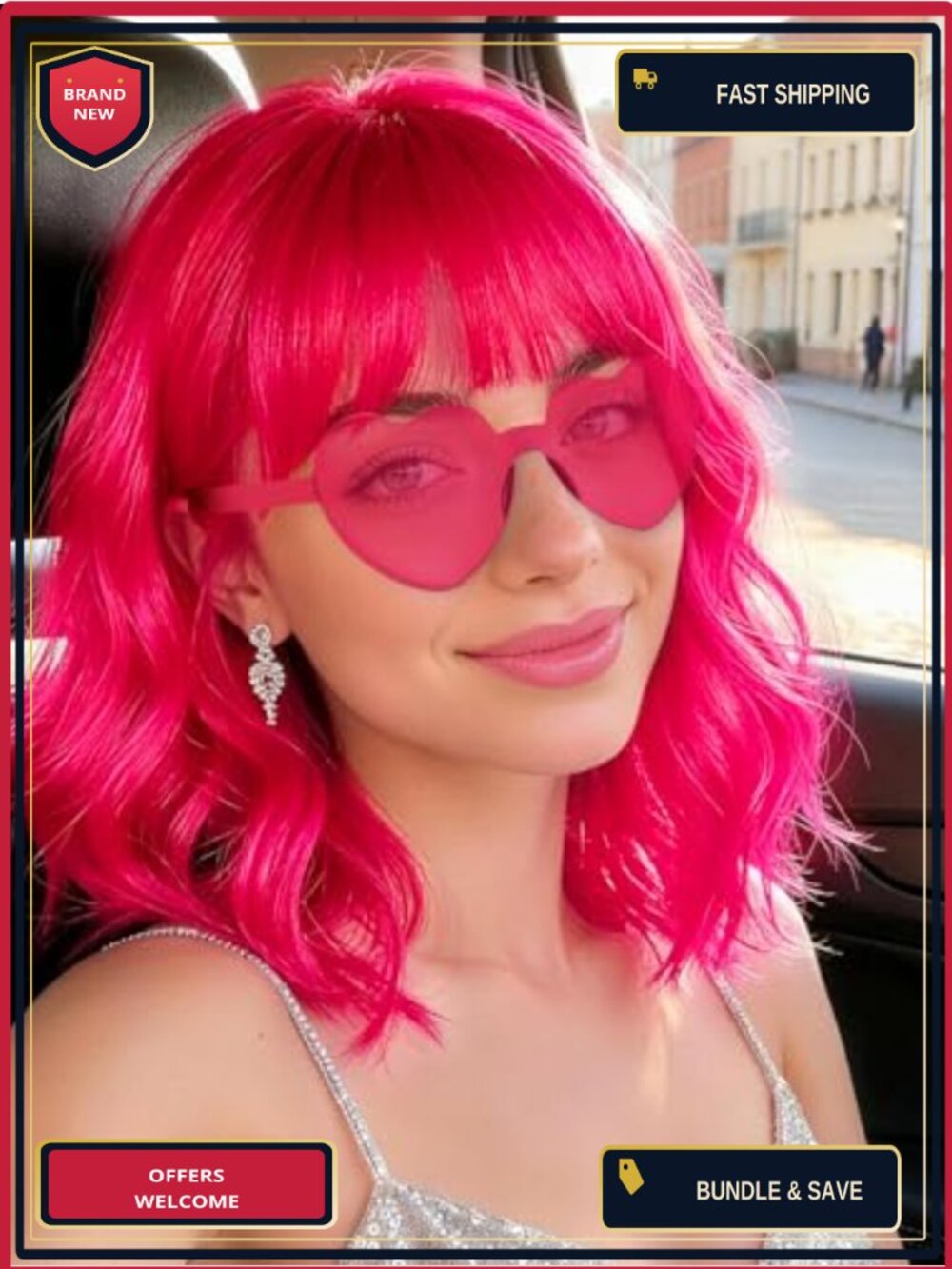 Wavy Bob Wig with Bangs & Heart Sunglasses Cosplay Party Set